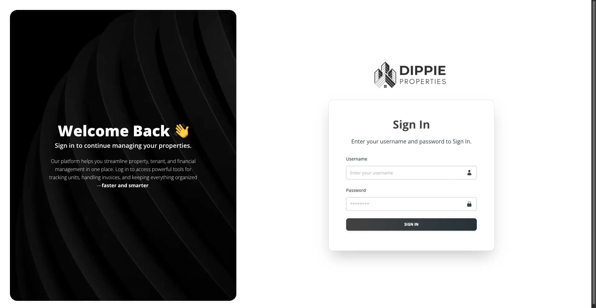 Dippie Properties property-management SaaS sign-in screen - view 1